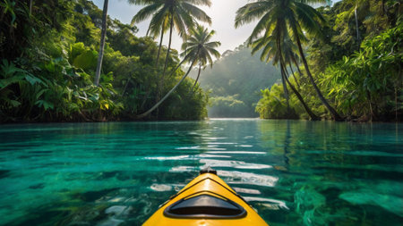 Kayaking in tropical lagoon with palm trees and turquoise waterの写真素材