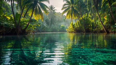 Tropical forest with palm trees and turquoise water.の写真素材