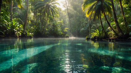 Tropical forest with turquoise water and coconut palm trees.の写真素材