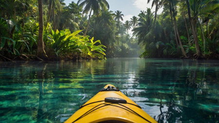 Kayak in a tropical lagoon with palm trees in the backgroundの写真素材