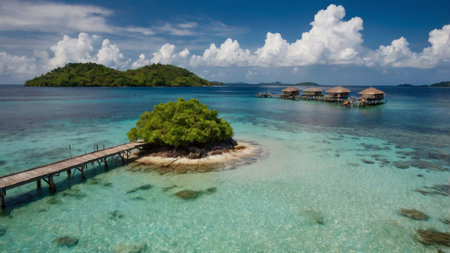 tropical beach with few palm trees and blue lagoon in the backgroundの写真素材