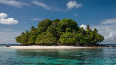 Panoramic view of a small island with palm trees in the ocean