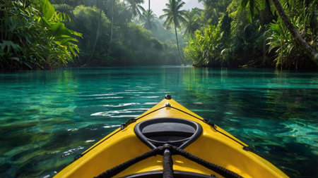 Kayak in the tropical lagoon with palm trees and turquoise waterの写真素材