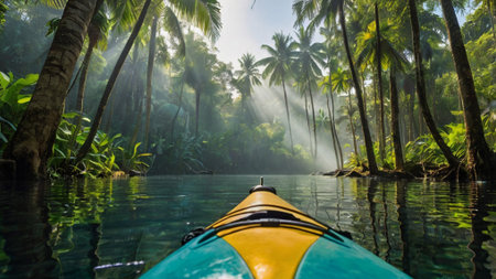 Kayak in tropical rainforest with palm trees and sunbeamsの写真素材