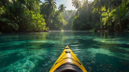 Kayak on a beautiful tropical lake with palm trees in the backgroundの写真素材