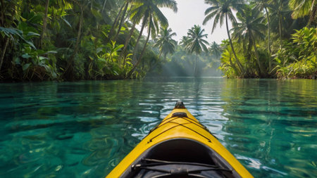 Kayaking in the lagoon of a tropical island with palm treesの写真素材