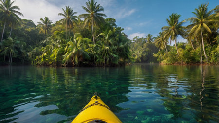 Kayaking in the tropical lagoon with palm trees and blue skyの写真素材