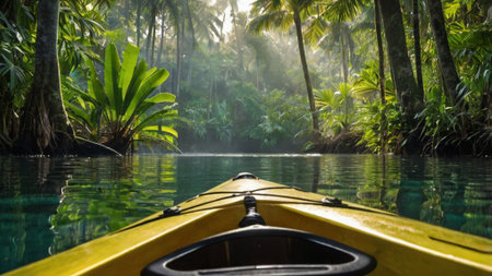 Kayak on the lake in the tropical forest with palm trees.の写真素材