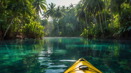 Kayak on the emerald water of a tropical lagoon.の写真素材