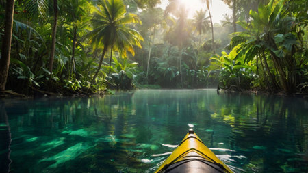 kayak in a tropical lake surrounded by palm trees and greeneryの写真素材