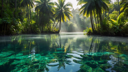 tropical lake with coconut palm trees and reflection in the water.の写真素材