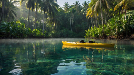 Kayak on a tropical lake surrounded by palm trees and coconut treesの写真素材