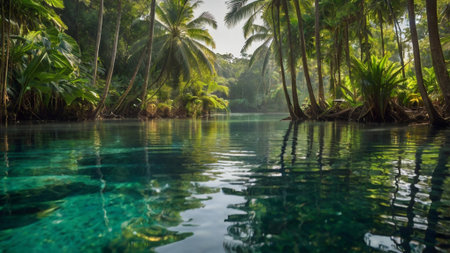 Palm trees on the shore of a tropical island in the Indian Ocean.の写真素材