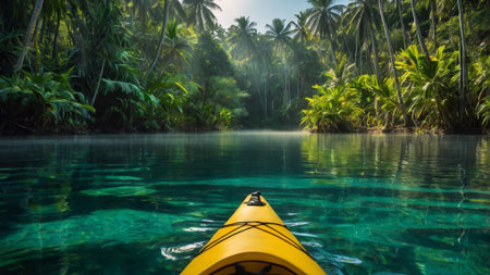 Kayak in the middle of a tropical lake surrounded by palm treesの写真素材