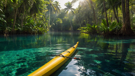 Canoeing in tropical lagoon with palm trees and turquoise waterの写真素材