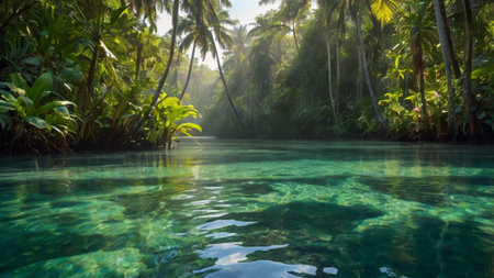 Coconut palm trees and turquoise water in tropical forestの写真素材