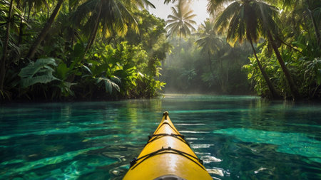 Kayak in the tropical forest with palm trees and turquoise waterの写真素材