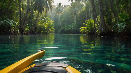 Canoeing in a tropical forest with palm trees in the backgroundの写真素材