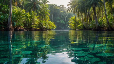Tropical palm trees reflected in the surface of the water.