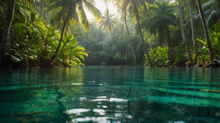 Tropical forest with turquoise water and palm trees.の写真素材