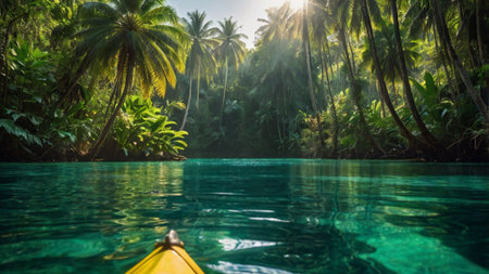Tropical beach with palm trees and kayak in the waterの写真素材
