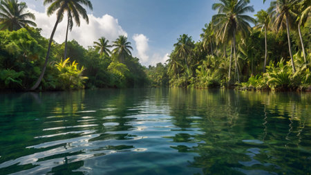 Coconut palm trees and turquoise water in the lagoon of Guadeloupe