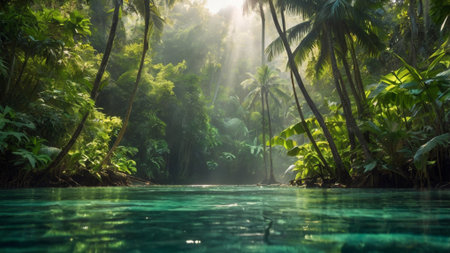 tropical rainforest with palm trees and turquoise water.