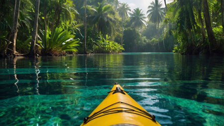Kayak in a tropical lagoon with palm trees and blue water