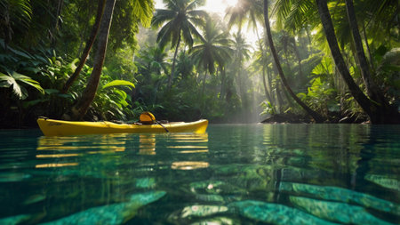 Kayak in a tropical forest with palm trees on the background.