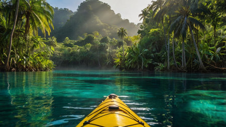 Kayak on the emerald water of a tropical lagoon.