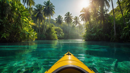 Kayaking in a tropical lagoon with palm trees and blue waterの写真素材