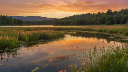 Sunset on the lake with pink flowers and green forest in the background