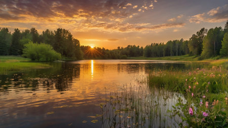 Sunset on the lake in the summer. Landscape with lake and forest.の写真素材