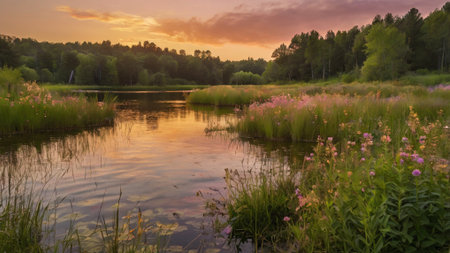 Sunset over the river in summer. Landscape. Russia.の写真素材