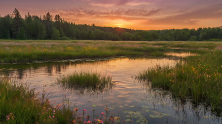 Sunset on the lake in the summer. The river flows through the forest.の写真素材