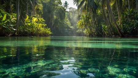 Tropical forest with turquoise water and palm trees.の写真素材