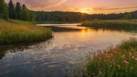 Sunset over the river in summer. Beautiful landscape with river and forestの写真素材