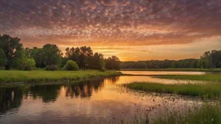 Beautiful sunset over the river in summer. Panoramic view.の写真素材