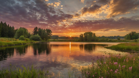 Sunset over the lake with pink flowers and clouds in the skyの写真素材