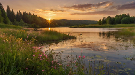 Sunset on the lake with grass and flowers in the foreground.の写真素材