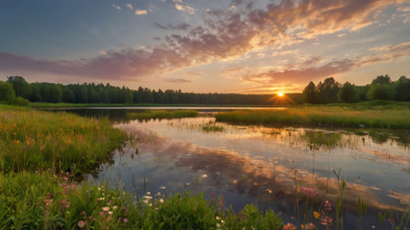 Sunset over the lake in summer, Russia. Panorama.