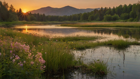 Beautiful sunset on the mountain lake. Summer landscape. Ukraine.の写真素材