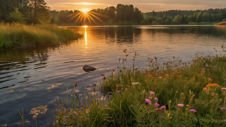 Sunset over the lake in summer. Beautiful summer landscape with river and forestの写真素材