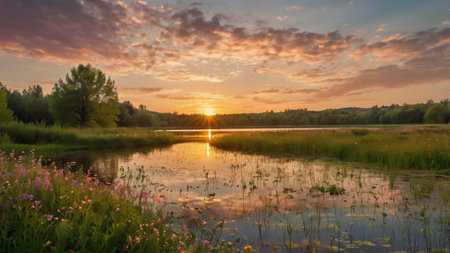 Sunset over the river in summer. Landscape. Russia.の写真素材