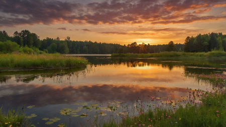 Sunset over the lake in summer. Beautiful summer landscape with lake.