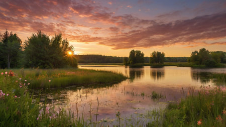 Sunset over the lake. Summer landscape. Ukraine, Europe.の写真素材