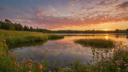 Sunset over the lake. Beautiful summer landscape. Panorama.の写真素材