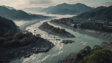 Landscape view of a river flowing through a valleyの写真素材