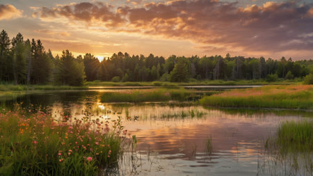 Beautiful summer landscape with a lake and forest at sunsetの写真素材