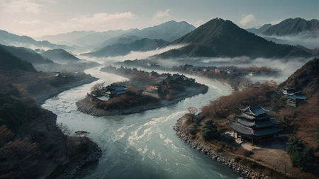 Aerial view of Hengshan, China. Hengshan is one of the most beautiful villages in China.の写真素材